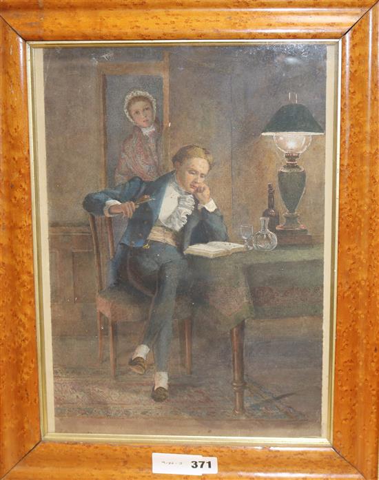 19th century English, watercolour, Gentleman reading by lamp light, indistinctly signed, 39 x 27cm